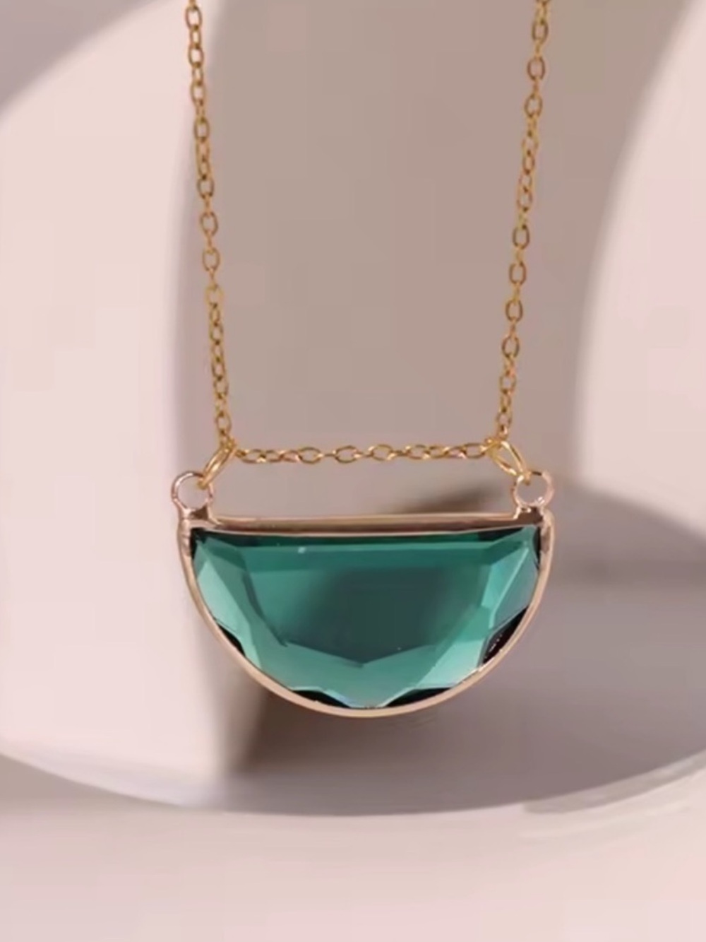 Emerald Green Gold Teal Semi-Circle Pendant Necklace - Picture 2 of 3